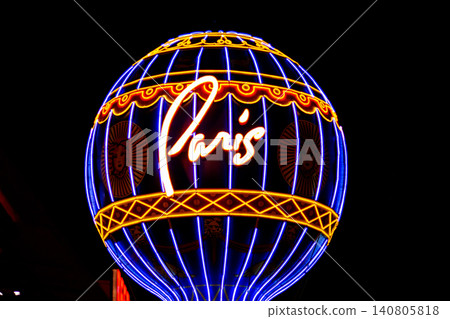 Bright Neon Sign of Paris in Las Vegas at Night Time Bright Neon Sign of Paris in Las Vegas at Night Time 140805818