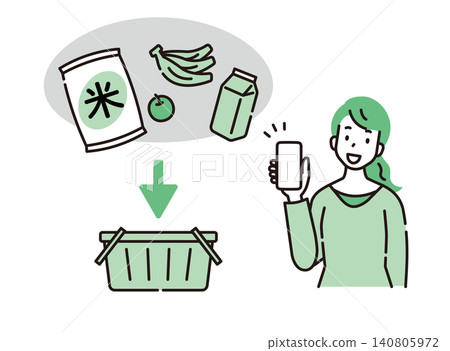 一位女士用智慧型手機將購買的食品放入購物車。 一位女士用智慧型手機將購買的食品放入購物車。 140805972