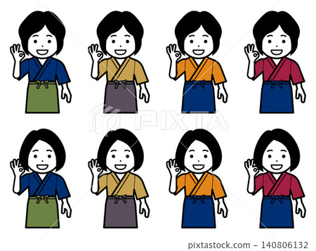 [不同的髮型] 一位身穿三衣（日本傳統工作服）和圍裙的女性做出“OK”手勢的圖標。 140806132