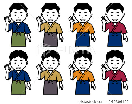 一個穿著工作服和圍裙的男人做出「OK」手勢的圖標。 一個穿著工作服和圍裙的男人做出「OK」手勢的圖標。 140806133