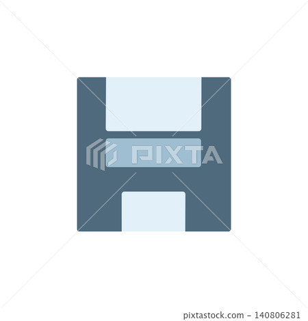 Save file icon for storing digital document. Floppy disk symbol for application interface, text editor, or productivity software design. Icon design flat style 140806281