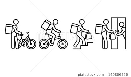 Food delivery courier workflow set with bicycle, climbing stairs, and handing package to customer, minimalist line art icons. Food delivery courier workflow set with bicycle, climbing stairs, and handing package to customer, minimalist line art icons. 140806336