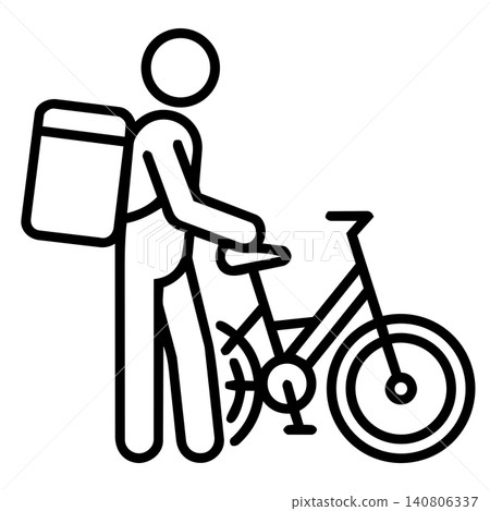 Food delivery courier with backpack standing next to bicycle, minimalist line art icon for delivery service and eco-friendly logistics. 140806337