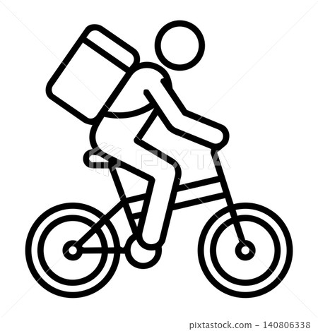 Food delivery courier riding bicycle with thermal backpack, minimalist line art icon for eco-friendly express delivery service. 140806338