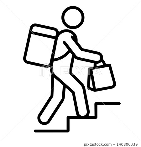 Food delivery courier climbing stairs with thermal backpack and paper bag, minimalist line art icon for apartment delivery service. 140806339