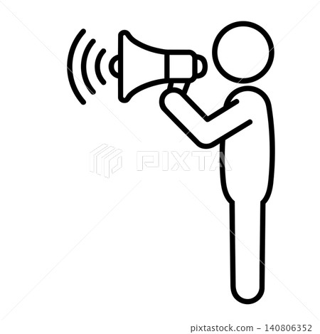 Person speaking into megaphone in profile view, minimalist line art icon for announcements, promotions, and public speaking. Person speaking into megaphone in profile view, minimalist line art icon for announcements, promotions, and public speaking. 140806352