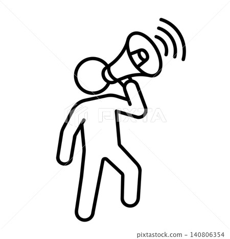 Person shouting into megaphone looking up, minimalist line art icon for powerful announcements, recruitment, and marketing campaigns. Person shouting into megaphone looking up, minimalist line art icon for powerful announcements, recruitment, and marketing campaigns. 140806354