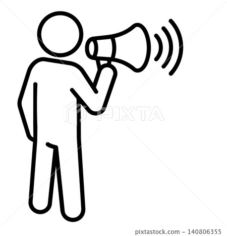 Person speaking into megaphone in back view, minimalist line art icon for announcements, public leadership, and marketing communications. 140806355