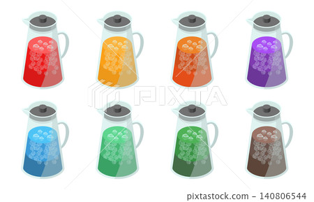 A pitcher set of 8 colorful drinks with ice. A pitcher set of 8 colorful drinks with ice. 140806544