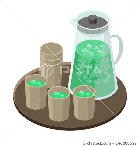 一套盛放在托盤上的冷綠茶，包括一個水壺和幾杯茶。 140806552