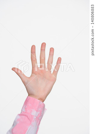 Hand showing number five gesture on white background 140806883