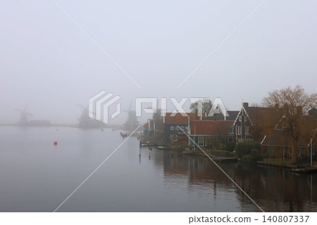 Scenery of the windmill village of Zaanse Schans [Amsterdam, Netherlands] 140807337