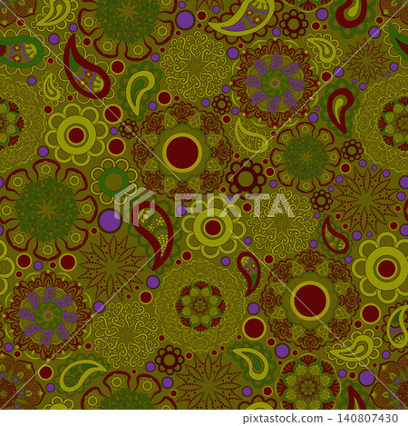 Boho style ornamental pattern, fashionable, colorful pattern, green, red, yellow. Seamless floral pattern-204. 140807430