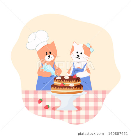 Cute kittens cooks decorate a birthday cake with cream. Cartoon cats are pastry chefs. Vector illustration. Cute kittens cooks decorate a birthday cake with cream. Cartoon cats are pastry chefs. Vector illustration. 140807451