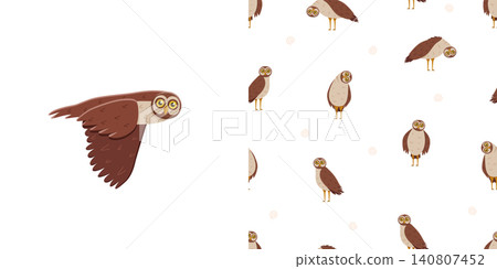 Set of cute cartoon owl and seamless pattern. Vector background illustration of cartoon forest night birds. 140807452