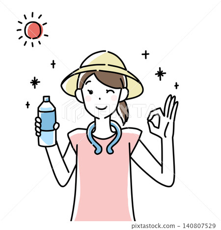 一幅女性採取完美中暑預防措施的插圖。 140807529