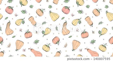 Seamless pattern of pumpkins in pastel colors. Vector illustration hand drawn. Background perfectly for Thanksgiving day, Halloween, greeting cards and posters. 140807595