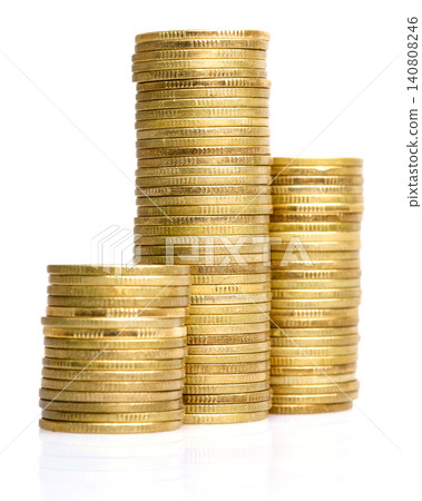old & used golden coins stack up in white background old & used golden coins stack up in white background 140808246