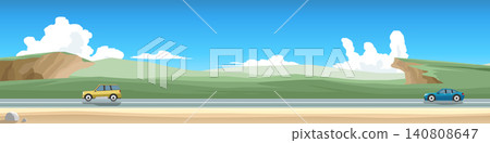 Panoramic horizontal vector banner showing a yellow SUV and a blue sedan driving on an open asphalt road. Rolling green hills and a bright blue sky with clouds complete the landscape scene. Panoramic horizontal vector banner showing a yellow SUV and a blue sedan driving on an open asphalt road. Rolling green hills and a bright blue sky with clouds complete the landscape scene. 140808647
