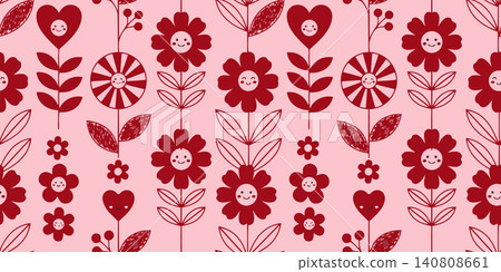 Adorable vertical seamless vector pattern with happy cartoon flowers and hearts. Sweet pink background for kids apparel, fabric and wrapping paper. 140808661