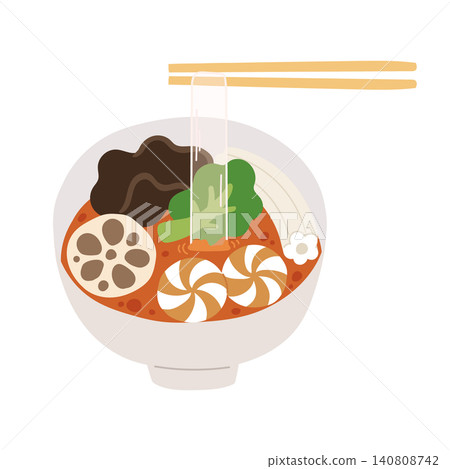 A cute, stylized illustration icon of a mala tang (spicy soup) with circus dumplings, holding up a glass of tangmyeon (noodle soup). A cute, stylized illustration icon of a mala tang (spicy soup) with circus dumplings, holding up a glass of tangmyeon (noodle soup). 140808742