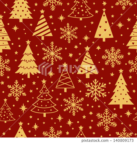 Christmas seamless pattern with golden trees, snowflakes, stars, dots, ornaments, and rich red festive winter background. Christmas seamless pattern with golden trees, snowflakes, stars, dots, ornaments, and rich red festive winter background. 140809173