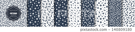 Navy blue and white seamless geometric patterns collection. Vector abstract backgrounds set in Memphis and Scandinavian style for textile, fabric print, and wrapping paper. Hand drawn design. Navy blue and white seamless geometric patterns collection. Vector abstract backgrounds set in Memphis and Scandinavian style for textile, fabric print, and wrapping paper. Hand drawn design. 140809180