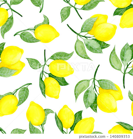 Lemon tree branches, lemon fruits, white background. Seamless floral pattern-221. Lemon tree branches, lemon fruits, white background. Seamless floral pattern-221. 140809353