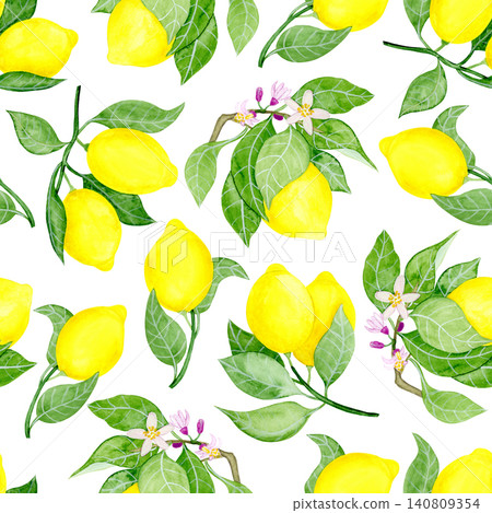 Lemon tree branches in bloom, lemon fruits, white background. Seamless floral pattern-222. Lemon tree branches in bloom, lemon fruits, white background. Seamless floral pattern-222. 140809354