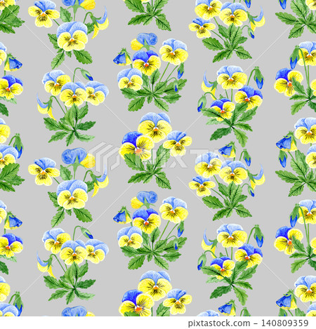 Pansies on grey background, watercolor illustration. Seamless floral pattern-227. 140809359