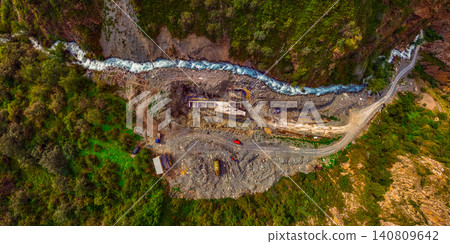 Aerial View of Mountain Valley Hydroelectric Construction Site and River Aerial View of Mountain Valley Hydroelectric Construction Site and River 140809642