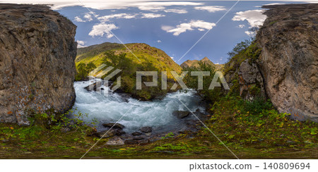 Turbulent Mountain River in Rocky Gorge, Kyrgyzstan - equirectangular panorama 140809694