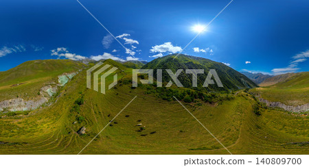 Panoramic Mountain Landscape with Grazing Cows in Kyrgyzstan, equirectangular projection. Panoramic Mountain Landscape with Grazing Cows in Kyrgyzstan, equirectangular projection. 140809700
