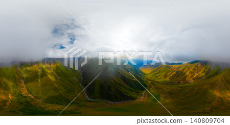 Panoramic 360 degree View of Mountain Valley in Kyrgyzstan with Sunlight Panoramic 360 degree View of Mountain Valley in Kyrgyzstan with Sunlight 140809704