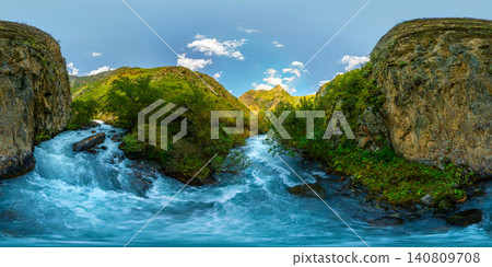 Turquoise Mountain River in Gorge, Kyrgyzstan, 360 Panorama Turquoise Mountain River in Gorge, Kyrgyzstan, 360 Panorama 140809708