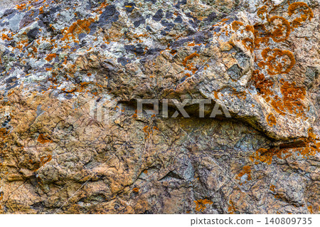 Close-up of Textured Rock Surface with Colorful Lichen 140809735