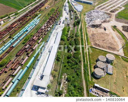 Aerial view of a railway transport hub with freight wagons. Aerial view of a railway transport hub with freight wagons. 140810064