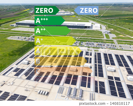 Aerial view of a modern factory with solar panels and energy storages on the roof. 140810117