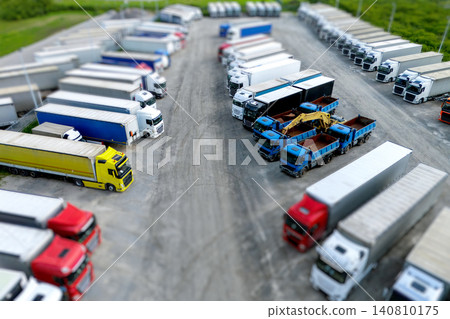 Aerial view of a large truck parking lot at a logistics hub, with multiple commercial semi trucks parked in organized rows. Aerial view of a large truck parking lot at a logistics hub, with multiple commercial semi trucks parked in organized rows. 140810175