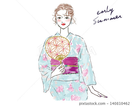 手繪插圖,描繪了一位穿著和服的女子。 手繪插圖,描繪了一位穿著和服的女子。 140810462