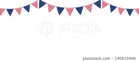 USA bunting banner with patriotic American flag garlands isolated on transparent background. Copy space. PNG. Vector 140810466