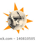 Halftone disco ball collage element. Cut out of a magazine party festive decoration sticker with yellow doodle star burst. Modern retro vector illustration isolated on transparent background 140810505