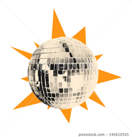 Halftone disco ball collage element. Cut out of a magazine party festive decoration sticker with yellow doodle star burst. Modern retro vector illustration isolated on transparent background Halftone disco ball collage element. Cut out of a magazine party festive decoration sticker with yellow doodle star burst. Modern retro vector illustration isolated on transparent background 140810505