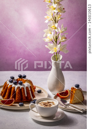 Delicious gugelhupf cake with icing, blueberries and coffee enjoyed on table decorated with orchids Delicious gugelhupf cake with icing, blueberries and coffee enjoyed on table decorated with orchids 140810613