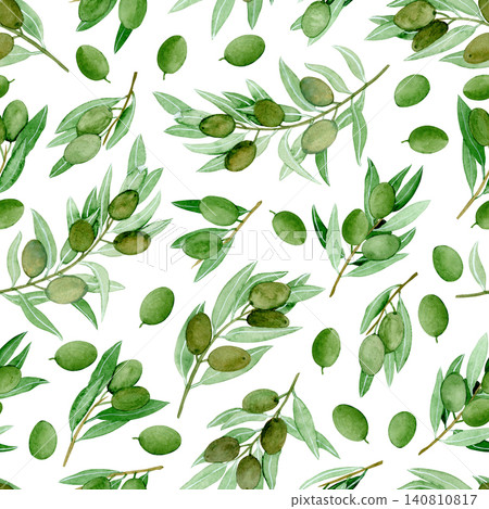 Olive tree branches, watercolor illustration. Seamless floral pattern-228. Olive tree branches, watercolor illustration. Seamless floral pattern-228. 140810817