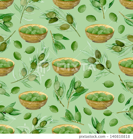 Olive tree branches, olives in plate, green background, watercolor illustration. Seamless floral pattern-229. Olive tree branches, olives in plate, green background, watercolor illustration. Seamless floral pattern-229. 140810818