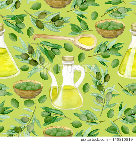 Olive tree branches, olives in plate, olive oil, watercolor illustration. Seamless floral pattern-230. Olive tree branches, olives in plate, olive oil, watercolor illustration. Seamless floral pattern-230. 140810819