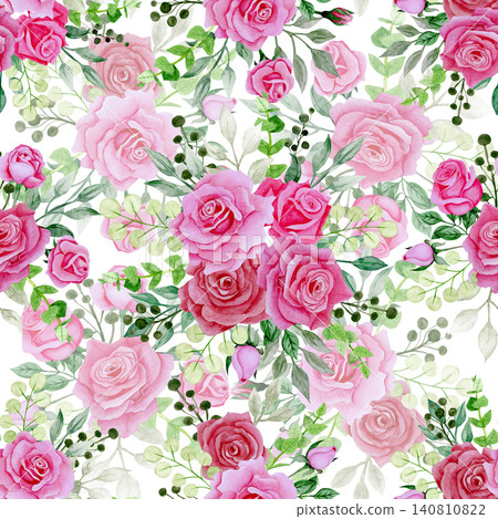 Bouquet of pink roses on a white background, watercolor illustration. Seamless floral pattern-233. Bouquet of pink roses on a white background, watercolor illustration. Seamless floral pattern-233. 140810822