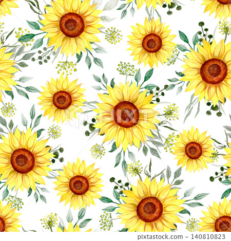 Sunflowers on a white background 1, watercolor illustration. Seamless floral pattern-234. Sunflowers on a white background 1, watercolor illustration. Seamless floral pattern-234. 140810823