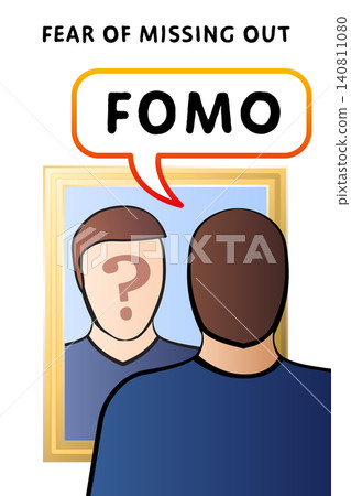 FOMO, fear of missing out. A person looks in the mirror, and doubts themselves. Psychological phenomenon driven by the anxiety that others have rewarding experiences, from which you are absent. Vector FOMO, fear of missing out. A person looks in the mirror, and doubts themselves. Psychological phenomenon driven by the anxiety that others have rewarding experiences, from which you are absent. Vector 140811080